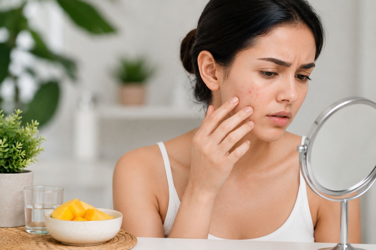 Can mangoes cause acne? Fresh mangoes with information about skin health, acne prevention, and balanced nutrition.